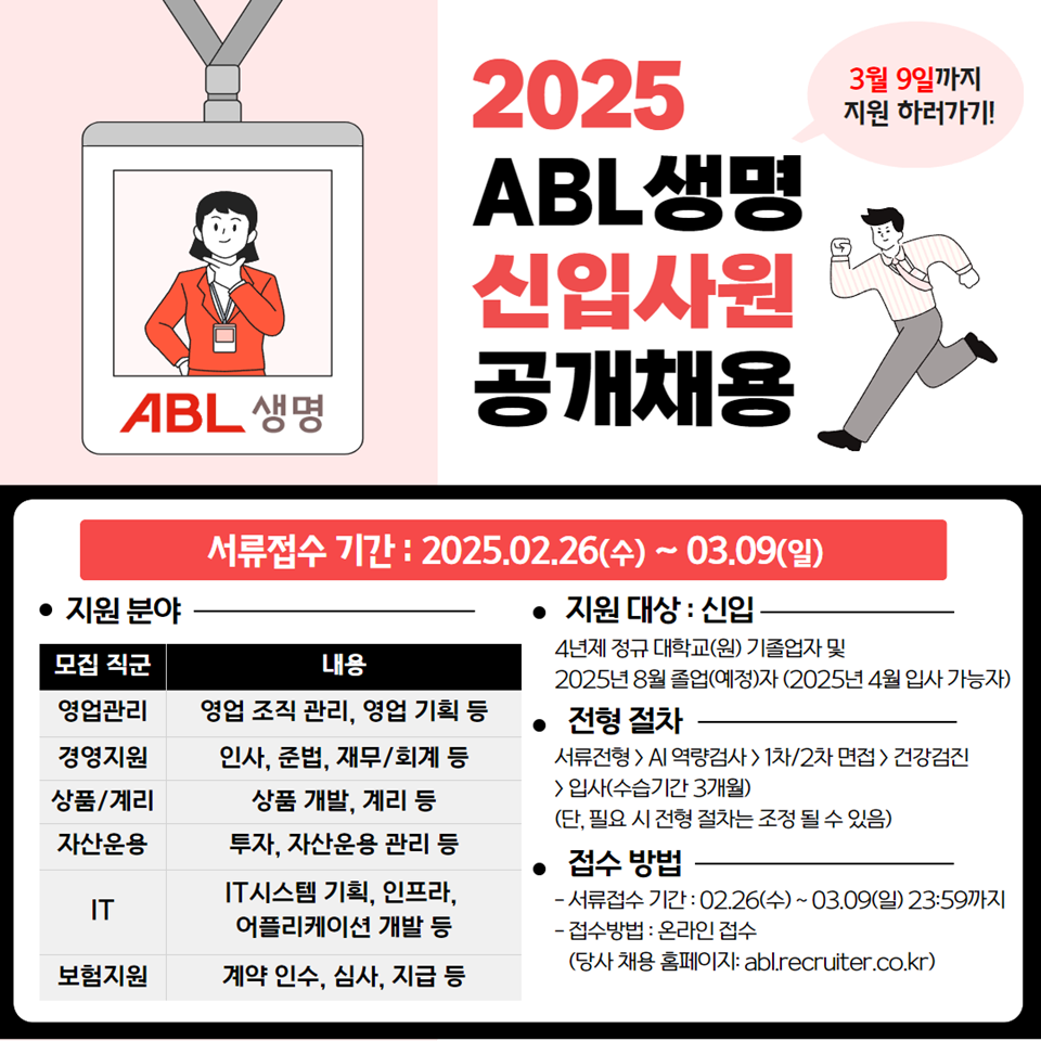2025 ABL생명 신입사원 공개채용, 3월 9일까지 지원 하러가기!, 서류접수 기간 : 2025.02.26(수) ~ 03.09(일), 지원 분야 : 모집 직군 별, 영업관리 : 영업 조직 관리, 영업 기획 등, 경영지원 : 인사, 준법, 재무/회계 등, 상품/계리 : 상품 개발, 계리 등, 자산운용 : 투자, 자산운용 관리 등, IT : IT시스템 기획, 인프라, 어플리케이션 개발 등, 보험지원 : 계약 인수, 심사, 지급 등, 지원 대상 : 신입 - 4년제 정규 대학교(원) 기졸업자 및 2025년 8월 졸업(예정)자 (2025년 4월 입사 가능자), 전형 절차 : 서류전형 - AI역량검사 - 1차/2차 면접 - 건강검진 - 입사(수습기간 3개월)(단, 필요 시 전형 절차는 조정 될 수 있음), 접수 방법 : 서류접수 기간 - 02.26(수) ~ 03.09(일) 23:59까지, 접수방법 - 온라인 접수(당사 채용 홈페이지 : abl.recruiter.co.kr)