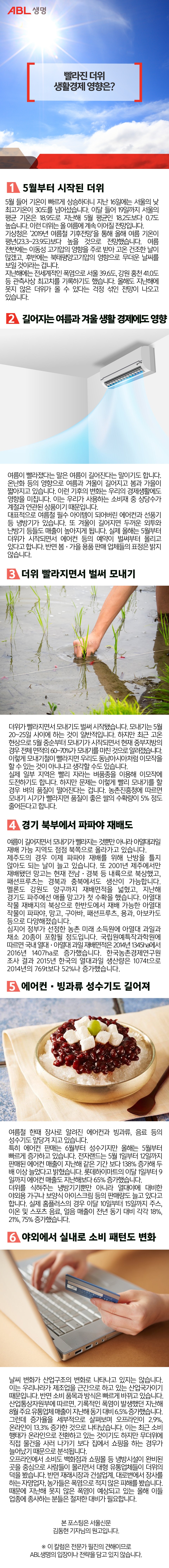 빨라진 더위 생활경제 영향은? 태양이 파란하늘에서 강렬하게 비치는 이미지, 1. 5월부터 시작된 더위
5월 들어 기온이 빠르게 상승하더니 지난 16일에는 서울의 낮 최고기온이 30도를 넘어섰습니다. 이달 들어 19일까지 서울의 평균 기온은 18.9도로 지난해 5월 평균인 18.2도보다 0.7도 높습니다. 이런 더위는 올 여름에 계속 이어질 전망입니다.
기상청은 ‘2019년 여름철 기후전망’을 통해 올해 여름 기온이 평년(23.3~23.9도)보다 높을 것으로 전망했습니다. 여름 전반에는 이동성 고기압의 영향을 주로 받아 고온 건조한 날이 많겠고, 후반에는 북태평양고기압의 영향으로 무더운 날씨를 보일 것이라는 겁니다.
지난해에는 전세계적인 폭염으로 서울 39.6도, 강원 홍천 41.0도 등 관측사상 최고치를 기록하기도 했습니다. 올해도 지난해에 못지 않은 더위가 올 수 있다는 걱정 섞인 전망이 나오고 있습니다.
　
2. 길어지는 여름과 겨울 생활 경제에도 영향, 벽걸이 에어컨에서 차가운 공기가 나오고 있는 일러스트 이미지,
여름이 빨라졌다는 말은 여름이 길어진다는 말이기도 합니다. 온난화 등의 영향으로 여름과 겨울이 길어지고 봄과 가을이 짧아지고 있습니다. 이런 기후의 변화는 우리의 경제생활에도 영향을 미칩니다. 이는 우리가 사용하는 소비재 중 상당수가 계절과 연관된 상품이기 때문입니다.
대표적으로 여름철 필수 아이템이 되어버린 에어컨과 선풍기 등 냉방기가 있습니다. 또 겨울이 길어지면 두꺼운 외투와 난방기 등들도 매출이 높아지게 됩니다. 실제 올해는 5월부터 더위가 시작되면서 에어컨 등의 예약이 벌써부터 몰리고 있다고 합니다. 반면 봄·가을 용품 판매 업체들의 표정은 밝지 않습니다.
3. 더위 빨라지면서 벌써 모내기, 논에 모내기를 하고 있는 사람 손 이미지
더위가 빨라지면서 모내기도 벌써 시작됐습니다. 모내기는 5월 20~25일 사이에 하는 것이 일반적입니다. 하지만 최근 고온 현상으로 5월 중순부터 모내기가 시작되면서 현재 중부지방의 경우 전체 면적의 60~70%가 모내기를 마친 것으로 알려졌습니다. 이렇게 모내기철이 빨라지면 우리도 동남아시아처럼 이모작을 할 수 있는 것이 아니냐고 생각할 수도 있습니다.
실제 일부 지역은 빨리 자라는 벼품종을 이용해 이모작에 도전하기도 합니다. 하지만 문제는 이렇게 빨리 모내기를 할 경우 벼의 품질이 떨어진다는 겁니다. 농촌진흥청에 따르면 모내기 시기가 빨라지면 품질이 좋은 쌀의 수확량이 5% 정도 줄어든다고 합니다.
　
4. 경기 북부에서 파파야 재배도
여름이 길어지면서 모내기가 빨라지는 것뿐만 아니라 아열대과일 재배 가능 지역도 점점 북쪽으로 올라가고 있습니다. 
제주도의 경우 이제 파파야 재배를 위해 난방을 틀지 않아도 되는 날이 늘고 있습니다. 또 2001년 제주에서만 재배됐던 망고는 현재 전남·경북 등 내륙으로 북상했고, 패션프루츠는 경북과 충북에서도 생산이 가능합니다.
멜론도 강원도 양구까지 재배면적을 넓혔고, 지난해 경기도 파주에선 애플 망고가 첫 수확을 했습니다. 아열대 작물 재배지의 북상으로 한반도에서 재배 가능한 아열대 작물이 파파야, 망고, 구아바, 패션프루츠, 용과, 아보카도 등으로 다양해졌습니다.
심지어 정부가 선정한 농촌 미래 소득원에 아열대 과일과 채소 20종이 포함될 정도입니다. 국립원예특작과학원에 따르면 국내 열대·아열대 과일 재배면적은 2014년 1345ha에서 2016년 1407ha로 증가했습니다. 한국농촌경제연구원 조사 결과 2015년 한국의 열대과일 생산량은 1074t으로 2014년의 769t보다 52%나 증가했습니다.
　
5. 에어컨·빙과류 성수기도 길어져, 팟빙수 그릇이  테이블에 수저와 놓여있는 이미지,
여름철 한때 장사로 알려진 에어컨과 빙과류, 음료 등의 성수기도 앞당겨 지고 있습니다.
특히 에어컨 판매는 6월부터 성수기지만 올해는 5월부터 빠르게 증가하고 있습니다. 전자랜드는 5월 1일부터 12일까지 판매된 에어컨 매출이 지난해 같은 기간 보다 138% 증가해 두 배 이상 늘었다고 밝혔습니다. 롯데하이마트의 이달 1일부터 9일까지 에어컨 매출도 지난해보다 65% 증가했습니다.
더위를 식혀주는 냉방기기뿐만 아니라 열대야에 대비한 야외용 가구나 보양식 아이스크림 등의 판매량도 늘고 있다고 합니다. 실제 홈플러스의 경우 이달 10일부터 15일까지 주스, 이온 및 스포츠 음료, 얼음 매출이 전년 동기 대비 각각 18%, 21%, 75% 증가했습니다.
　
6. 야외에서 실내로 소비 패턴도 변화, 왼손에 카드를 들고 보고 있고 오른손으로 노트북 자판을 치고있는 이미지,
날씨 변화가 산업구조의 변화로 나타나고 있지는 않습니다. 이는 우리나라가 제조업을 근간으로 하고 있는 산업국가이기 때문입니다. 반면 소비 품목과 방식은 빠르게 바뀌고 있습니다.
산업통상자원부에 따르면, 기록적인 폭염이 발생했던 지난해 8월 주요 유통업체 매출이 지난해 동기 대비 6.5% 증가했습니다. 그런데 증가율을 세부적으로 살펴보며 오프라인이 2.9%, 온라인이 13.3% 증가한 것으로 나타났습니다. 이는 최근 소비 행태가 온라인으로 전환하고 있는 것이기도 하지만 무더위에 직접 물건을 사러 나가기 보다 집에서 쇼핑을 하는 경우가 늘어났기 때문으로 분석됩니다.
오프라인에서 소비도 백화점과 쇼핑몰 등 냉방시설이 완비된 곳을 중심으로 사람들이 몰리면서 대형 유통업체들이 더위의 덕을 봤습니다. 반면 재래시장과 건설업계, 대로변에서 장사를 하는 자영업자, 농가들은 폭염으로 적지 않은 피해를 봤습니다. 때문에 지난해 못지 않은 폭염이 예상되고 있는 올해 이들 업종에 종사하는 분들은 철저한 대비가 필요합니다. 본 포스팅은 서울신문 김동현 기자님의 원고입니다. 이 칼럼은 전문가 필진의 견해이므로 ABL생명의 입장이나 전략을 담고 있지 않습니다.